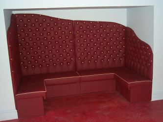 Fixed seating diamond buttoned back style. Designed and Manufactured by Suite Illusions for JAXX Nightclub, Hardman Street, Liverpool 